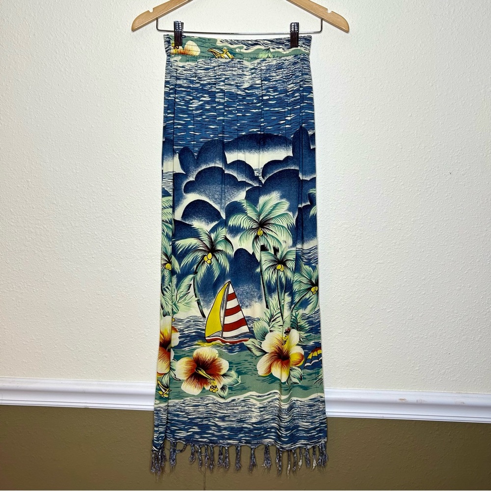 Vintage SPA Hawaiian Tropical Print Fringe Maxi Skirt XS